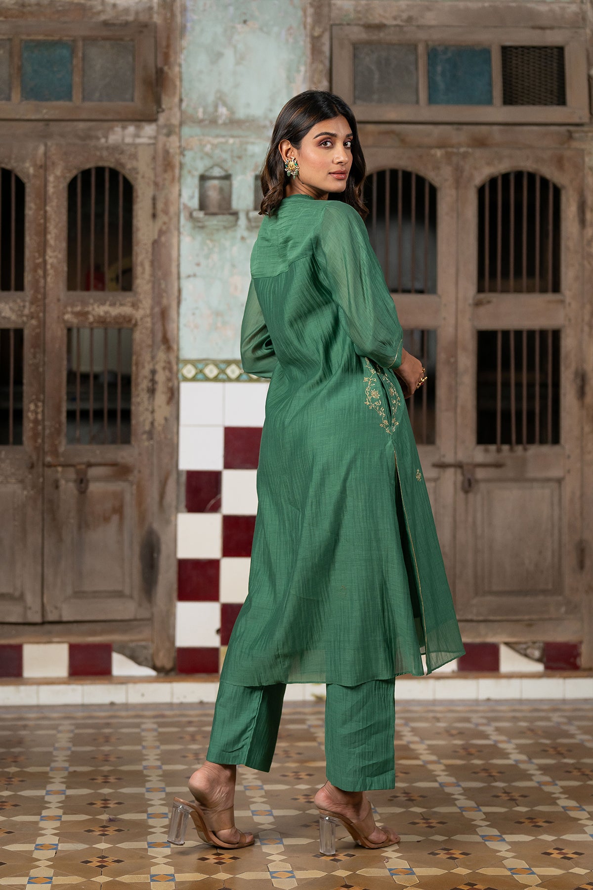 Roshan Chanderi Silk Button Kurta and Pants - Green