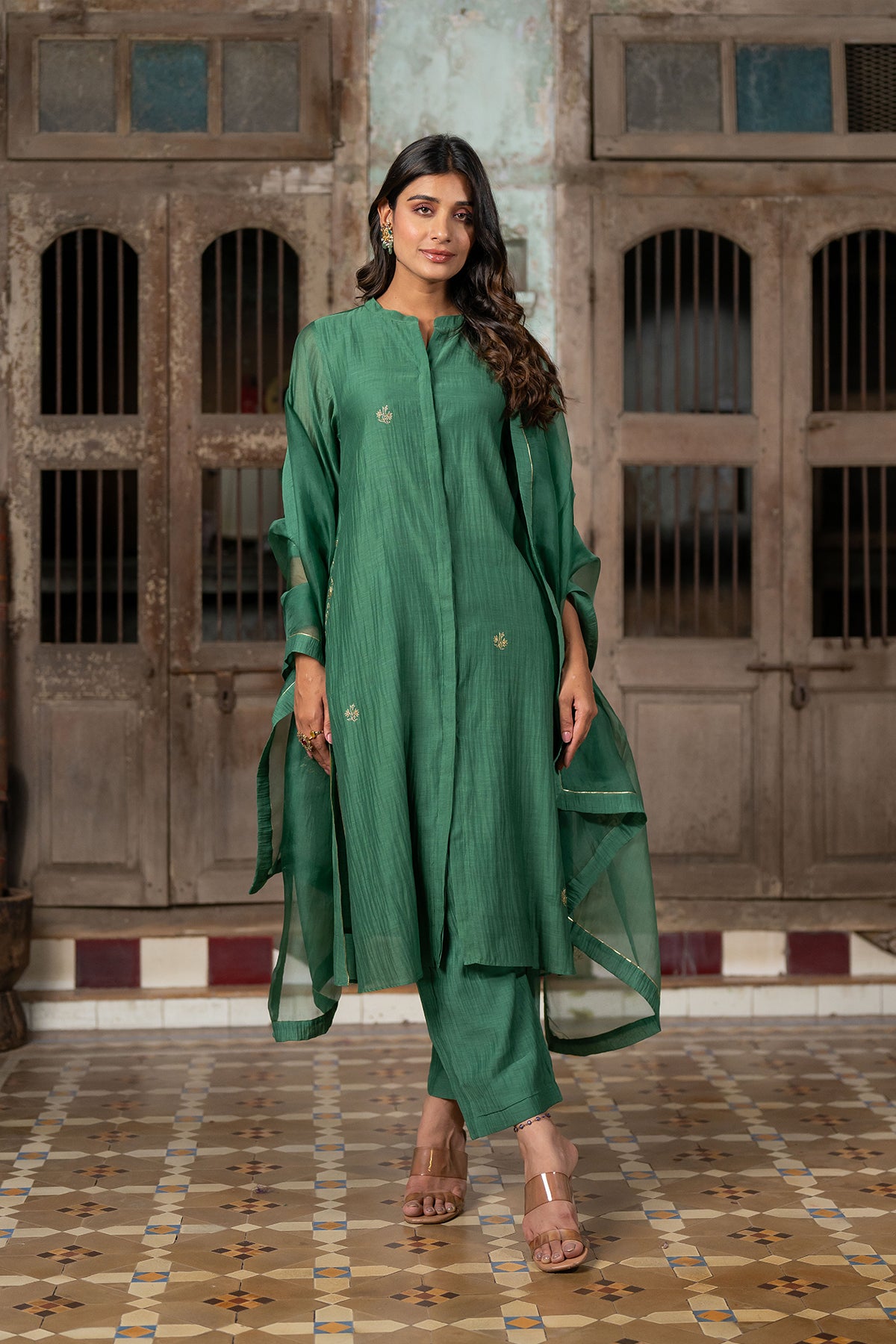 Roshan Chanderi Silk Button Kurta and Pants - Green