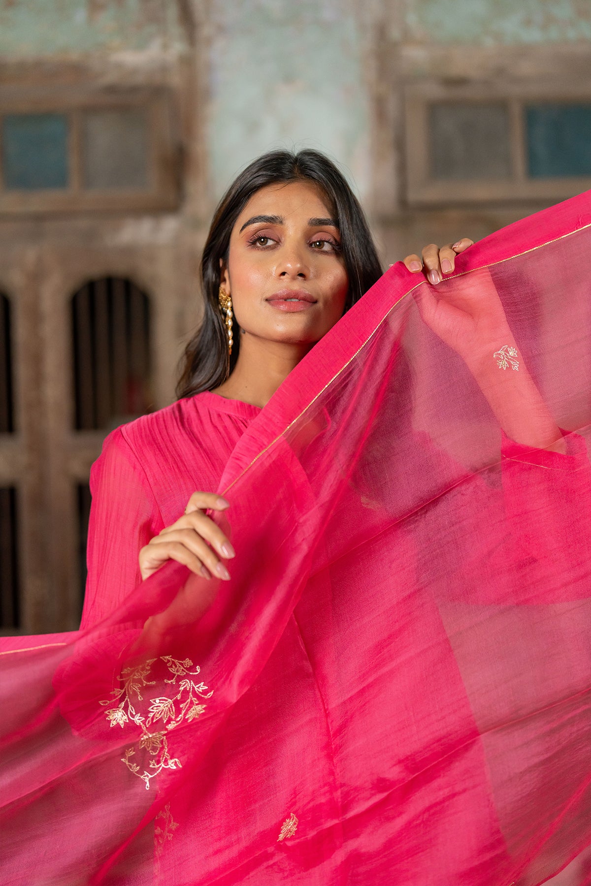 Roshan Silk Organza Dupatta - Pink