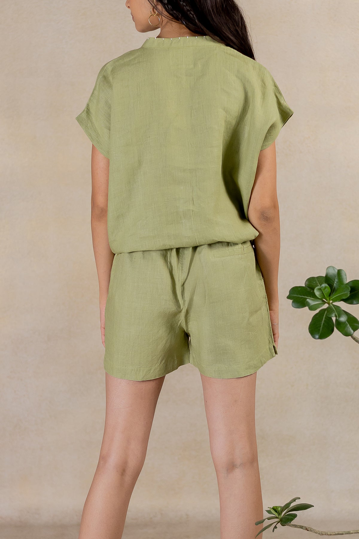 Linen Front Zipper Shorts - Meadow Green