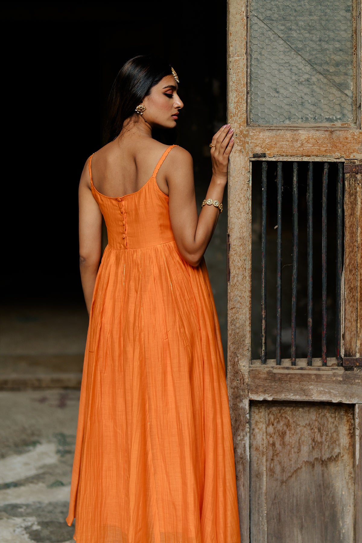 Saanjh Panel Chanderi Silk Dress - Orange