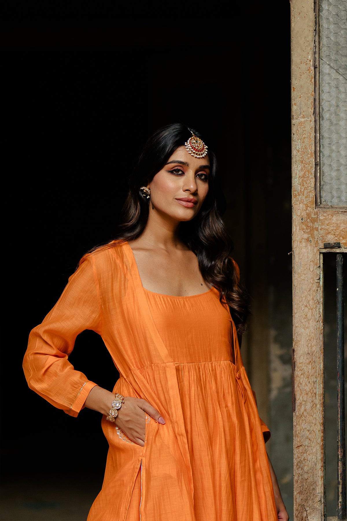 Saanjh Panel Chanderi Silk Dress - Orange