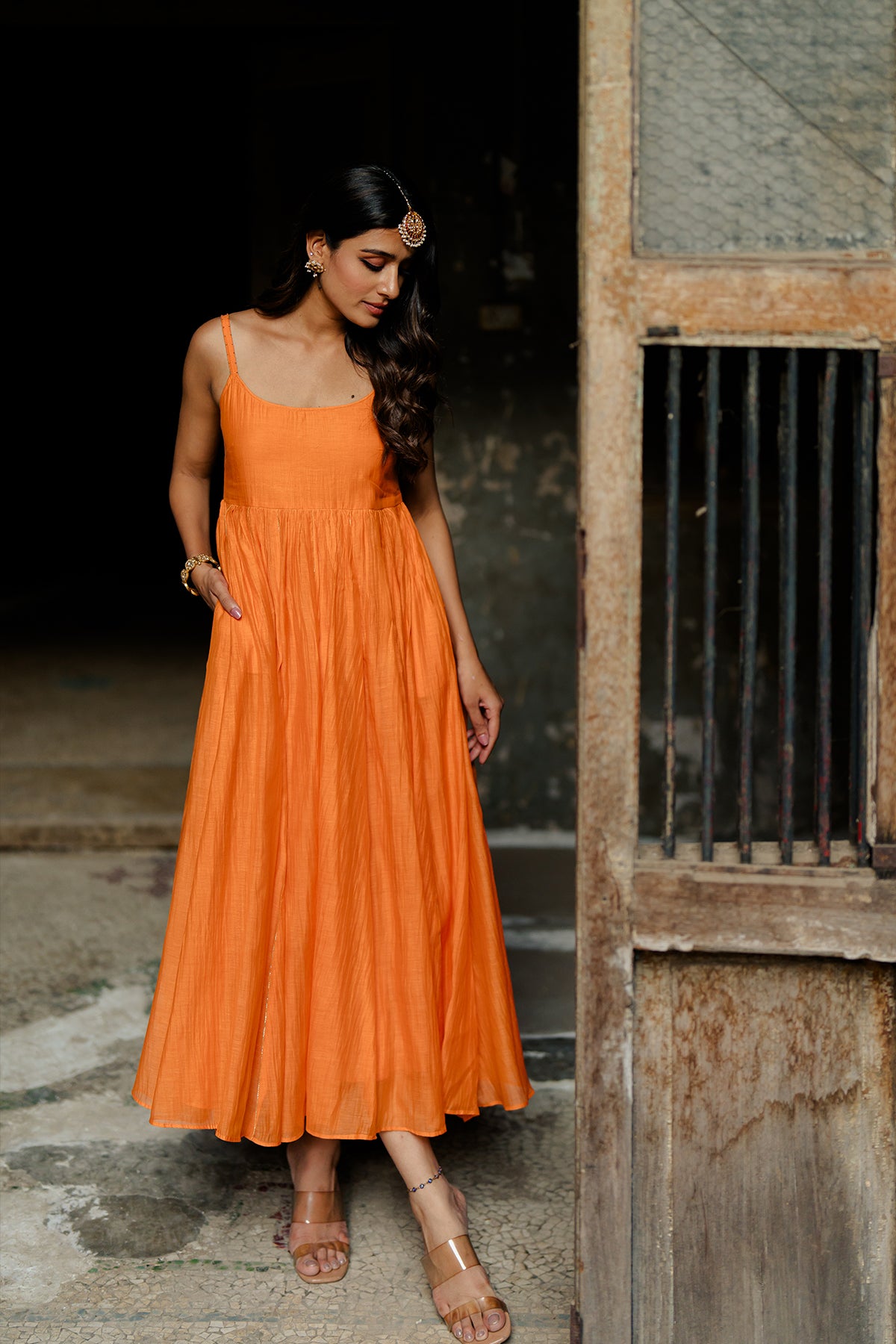 Saanjh Panel Chanderi Silk Dress - Orange