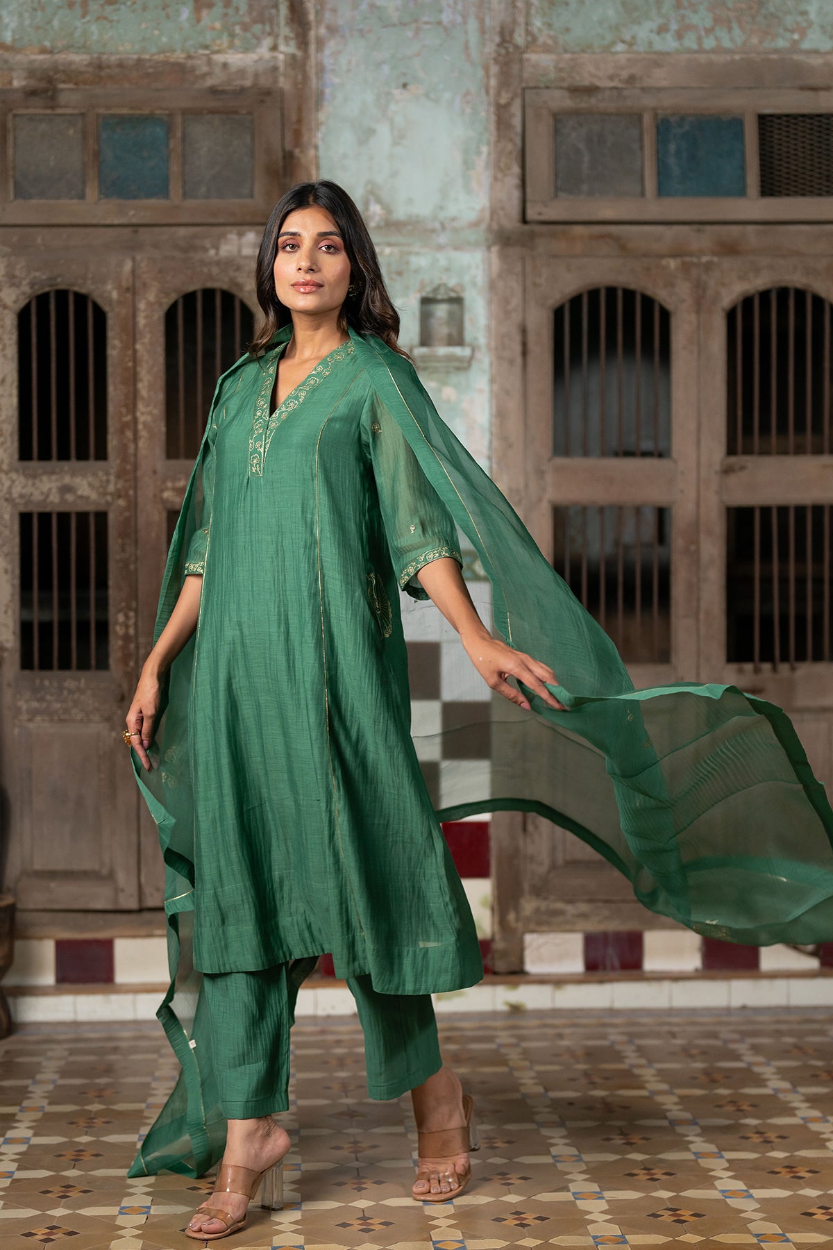 Sadabahar Chanderi silk Kurta and pants - Green