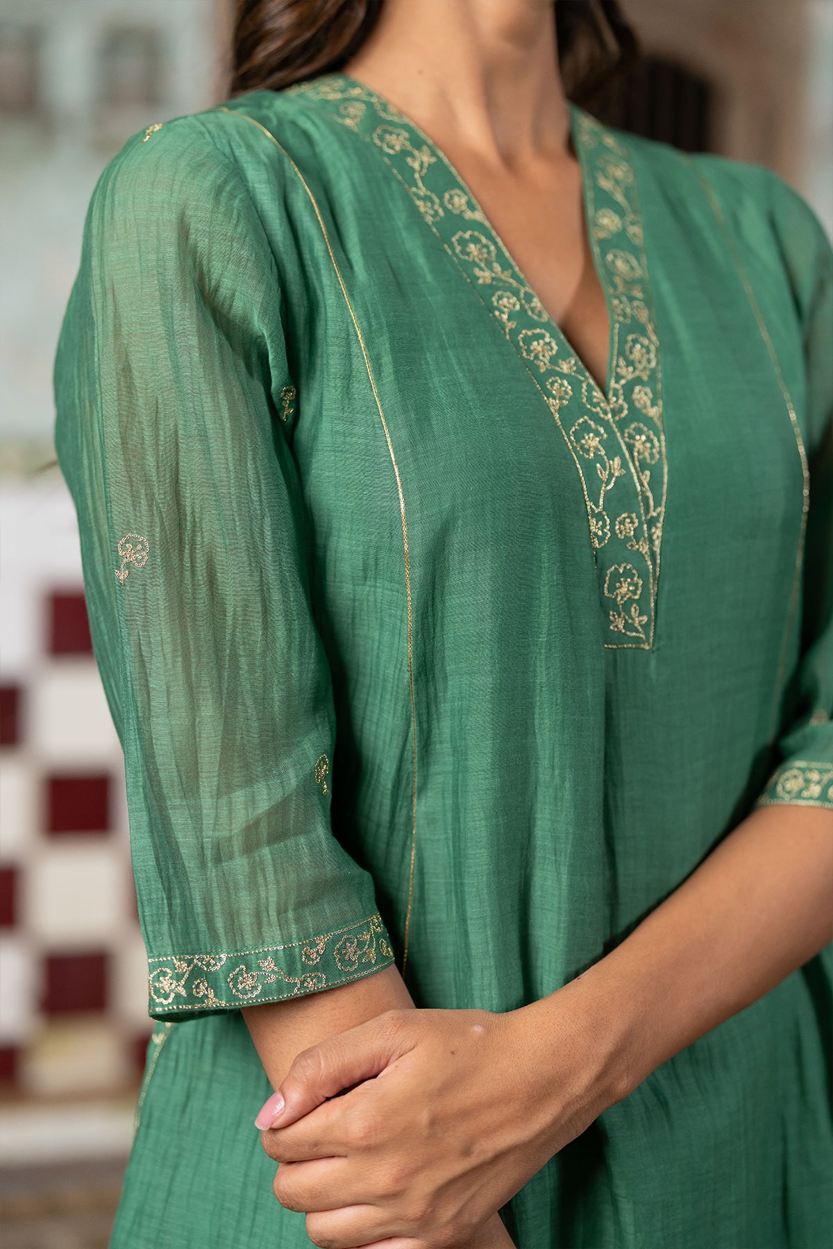 Sadabahar Chanderi silk Kurta and pants - Green