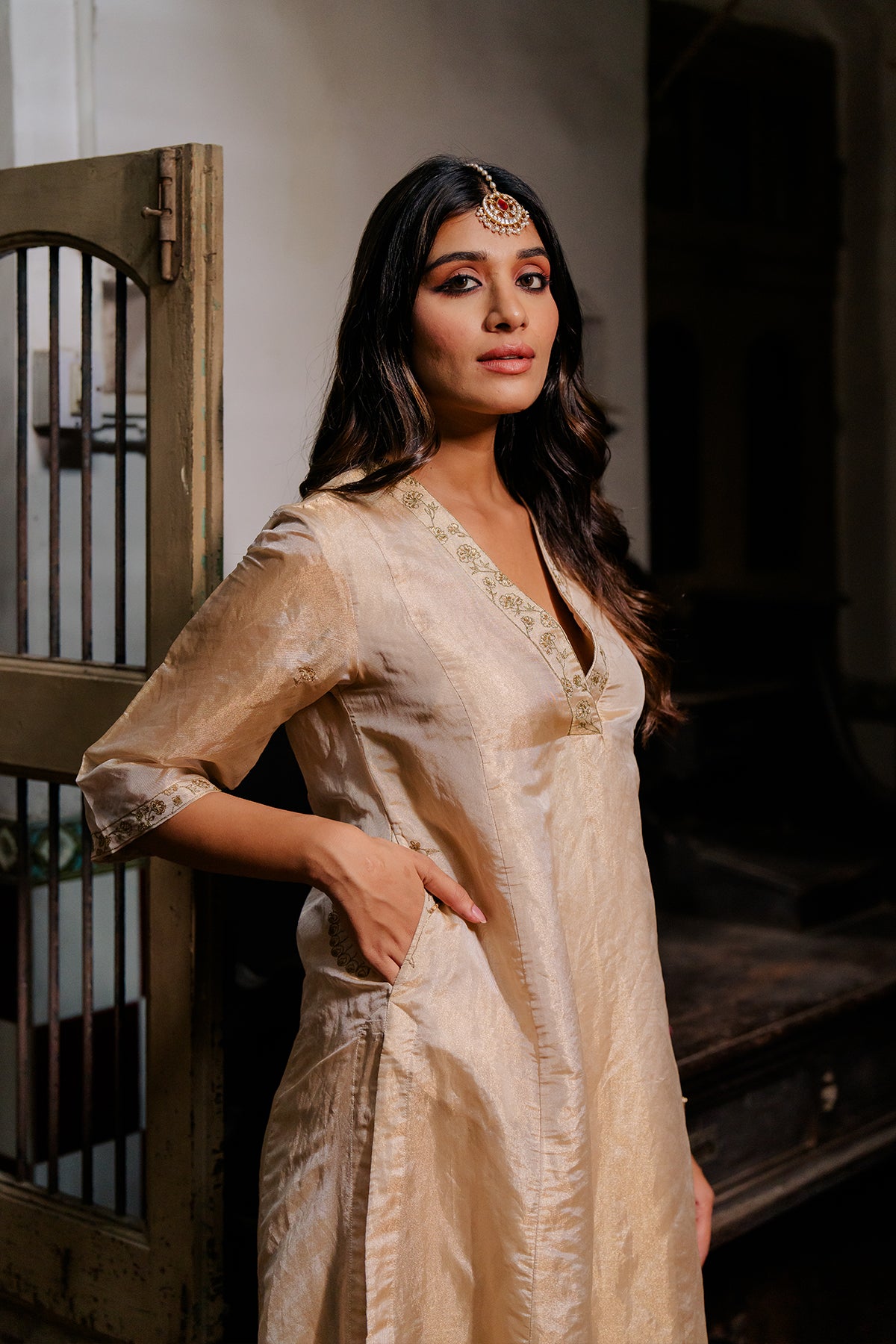Sadabahar Tissue v neck panel kurta with pants - Gold