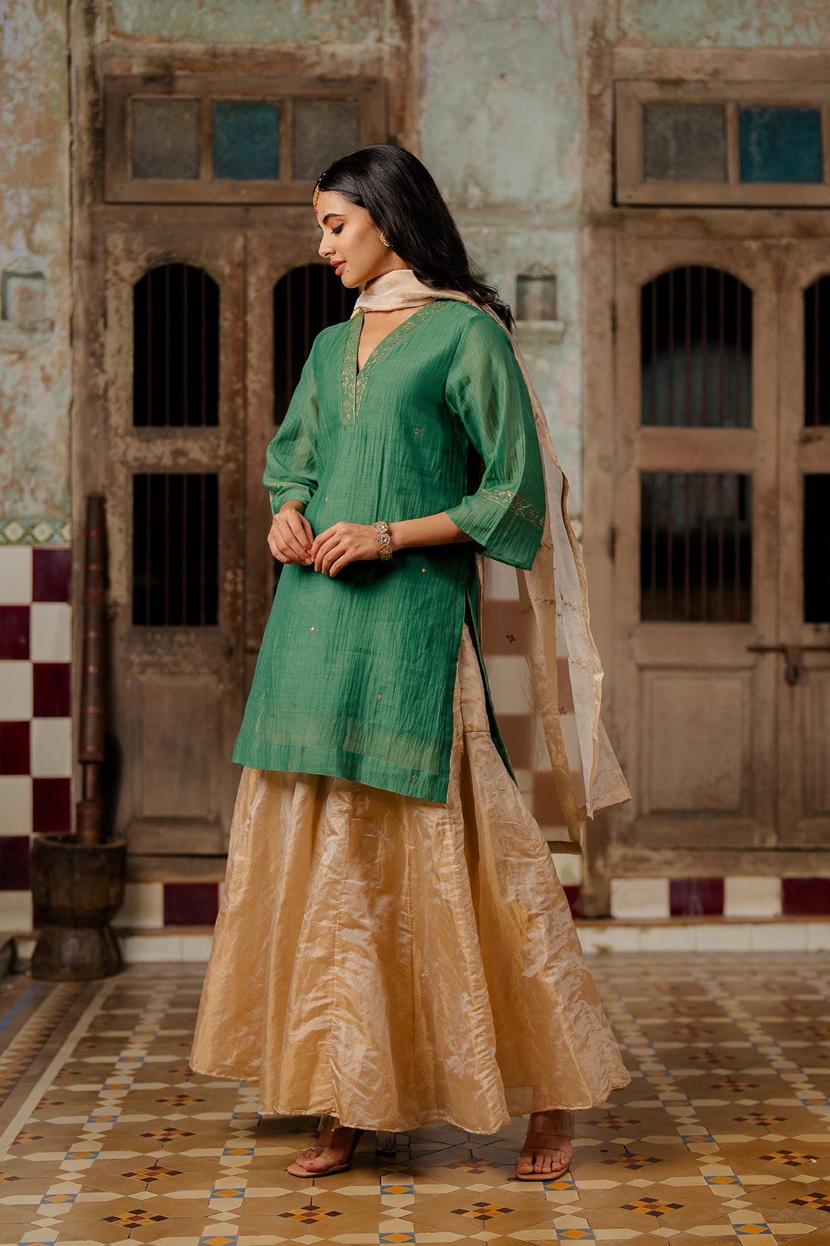 Samina Chanderi silk short v-neck kurta with tissue Gharara - Gold and Green