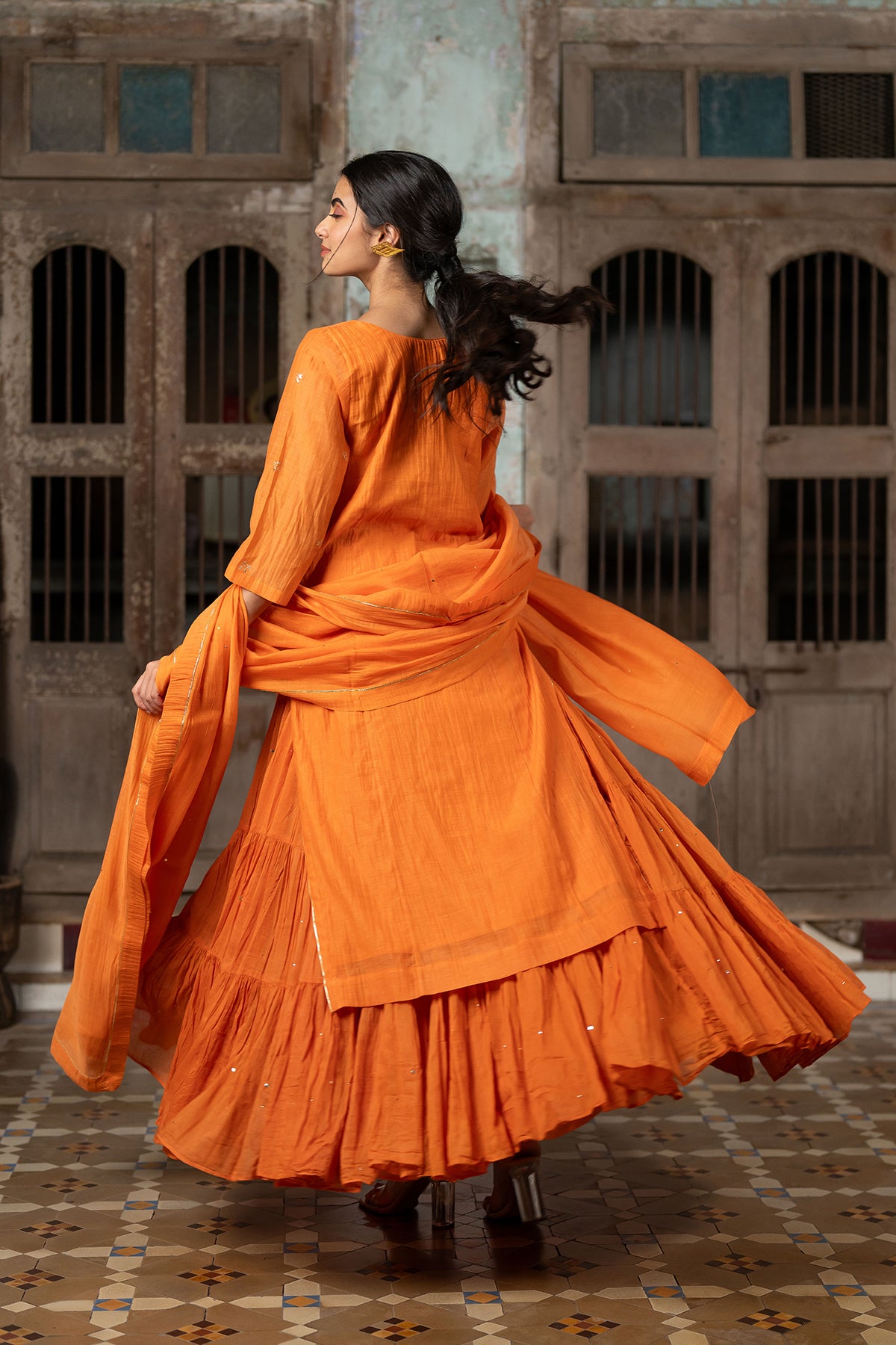 Sandhaya Chanderi Silk straight panel kurta with multi-tier skirt - Orange