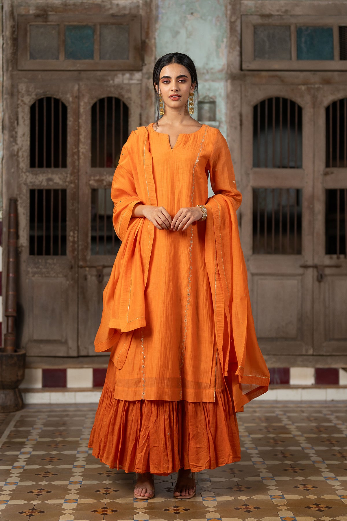 Sandhaya Chanderi Silk straight panel kurta with multi-tier skirt - Orange