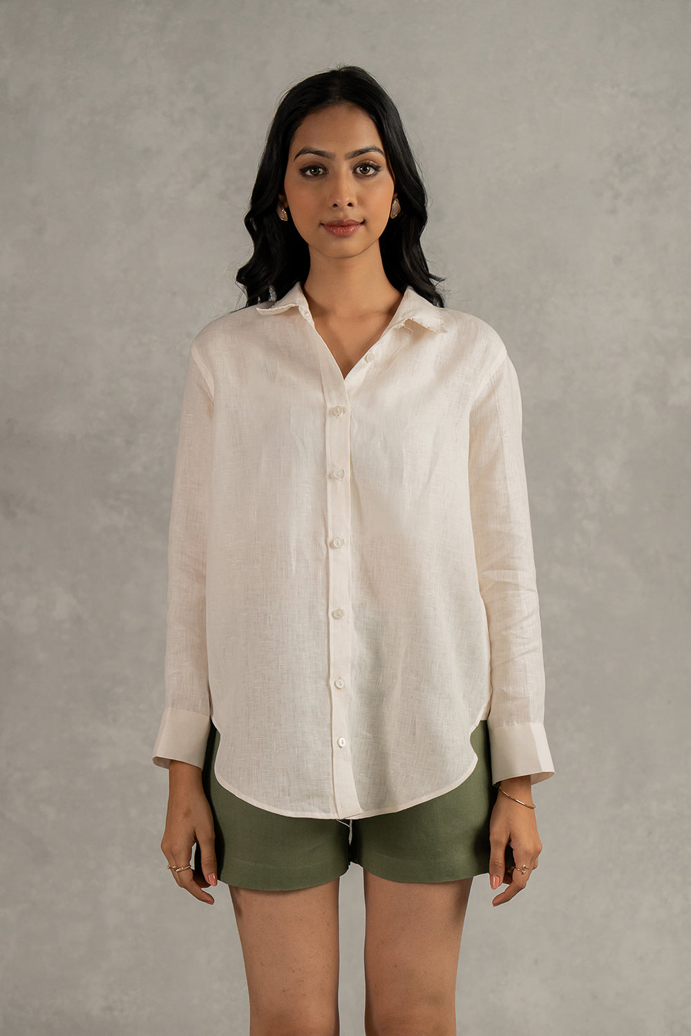 Sandra Linen Curved Hem Shirt - Off-white