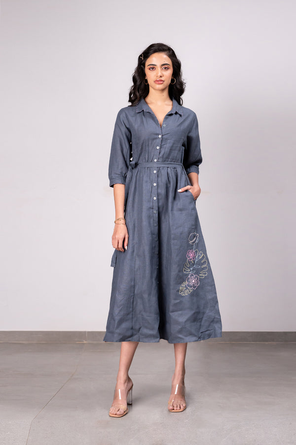 Sara kali Linen Dress with Pockets - Charcoal Grey