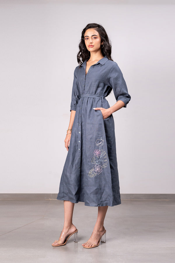 Sara kali Linen Dress with Pockets - Charcoal Grey