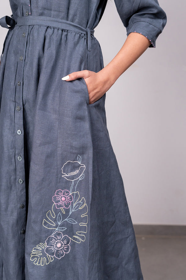 Sara kali Linen Dress with Pockets - Charcoal Grey