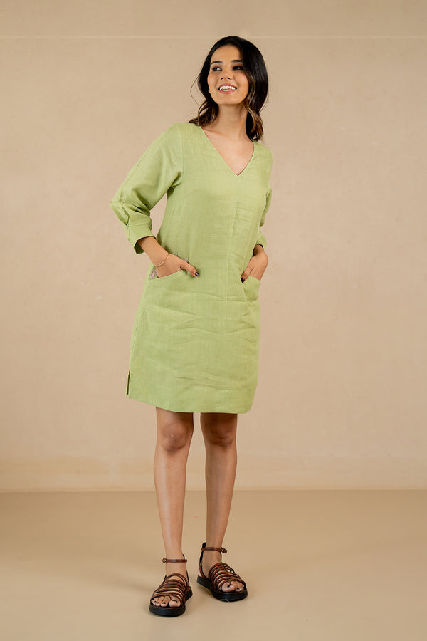 Selena-Linen-Welt-Pocket-dress-Algae-Green-