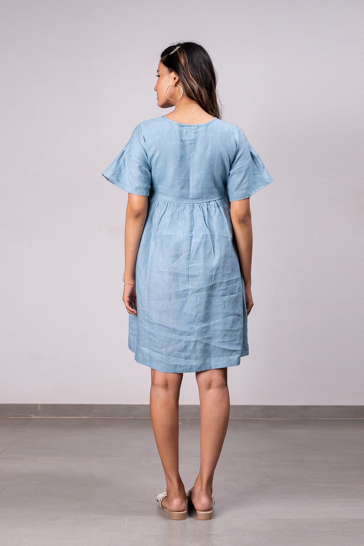Silvia Linen Boxy Short Dress With Pockets – Icy Blue