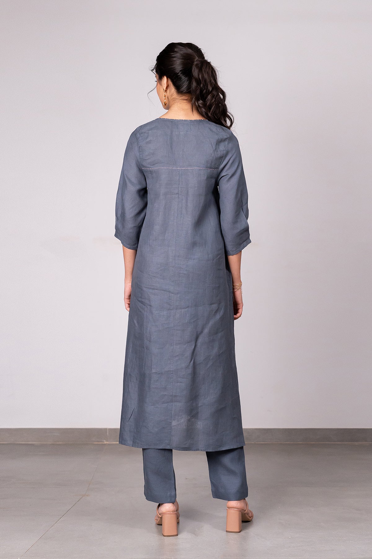 Sophia Linen Kurta-Pants Set With Pocket – Charcoal Grey