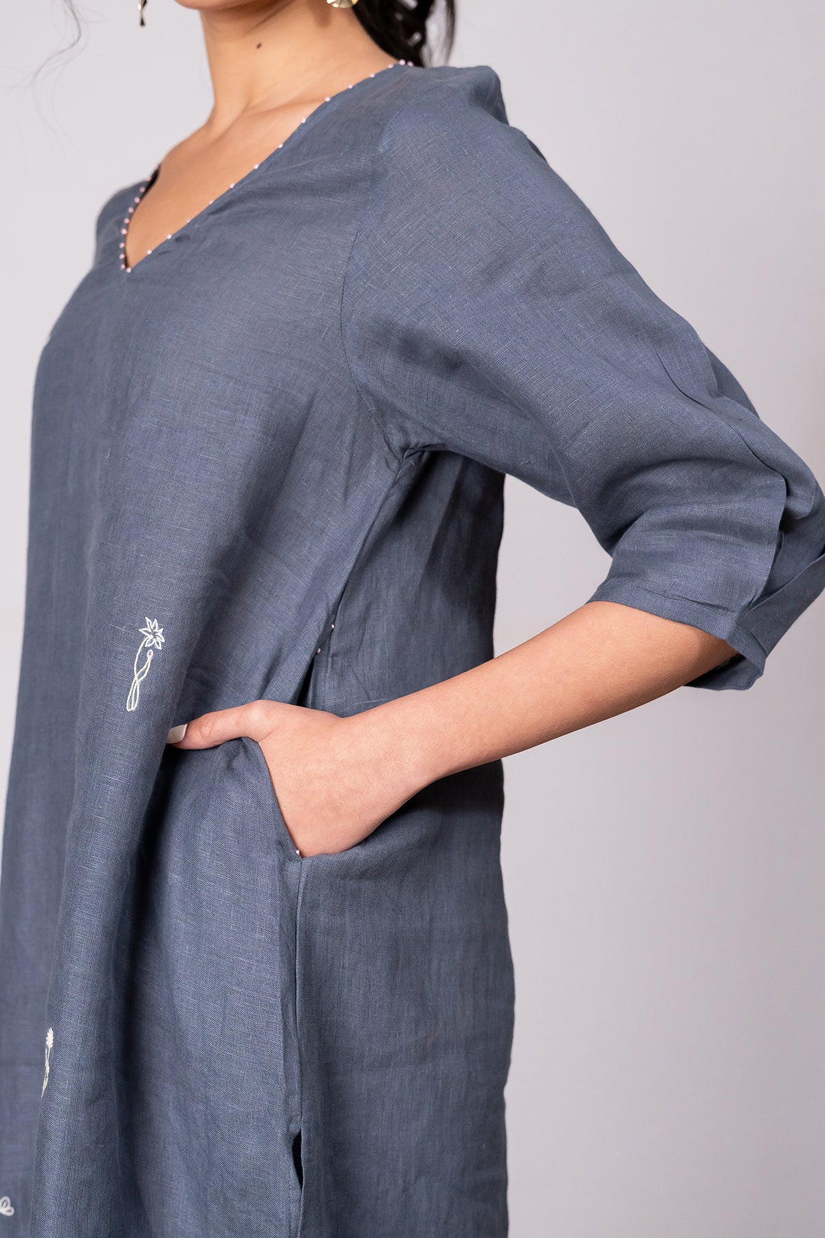 Sophia Linen Kurta-Pants Set With Pocket – Charcoal Grey