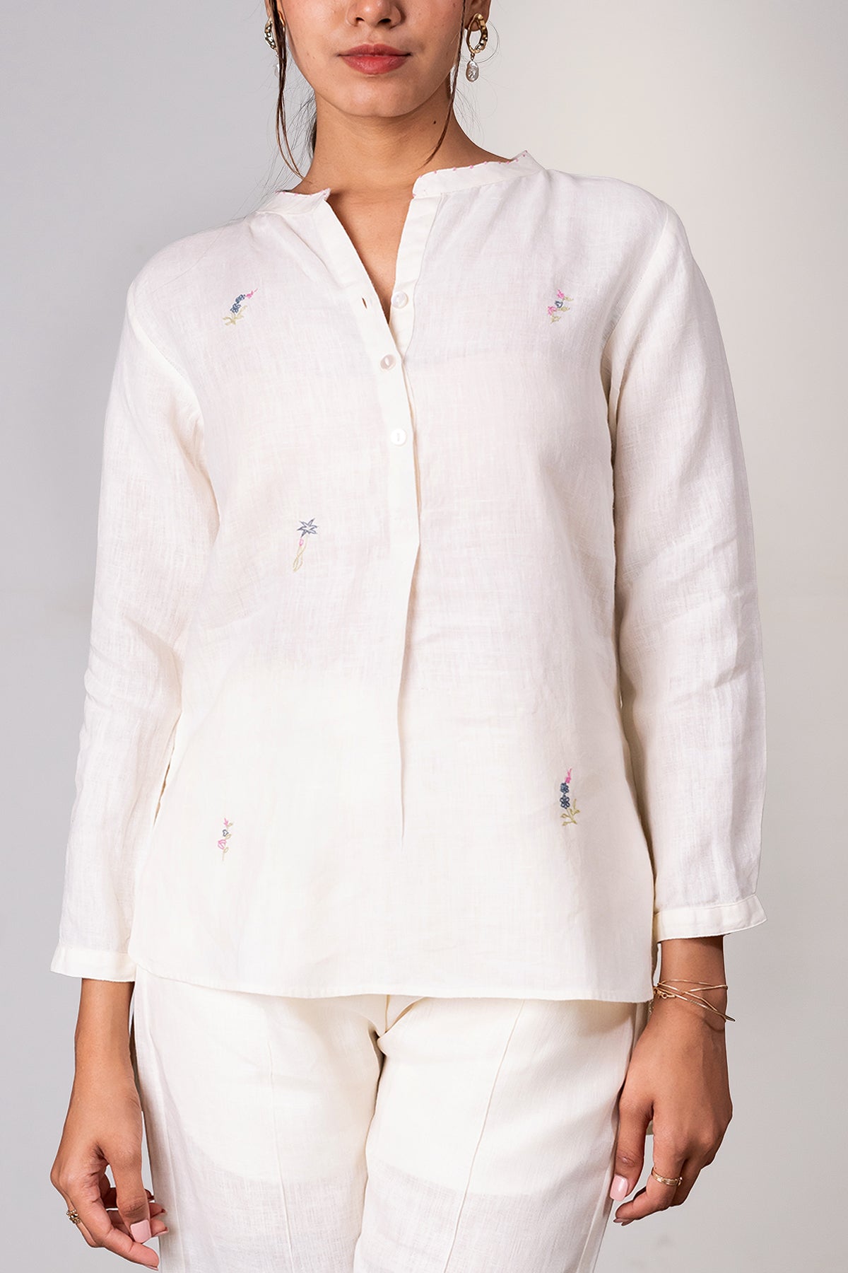 Stella Linen Half Placket Top - Light Pink