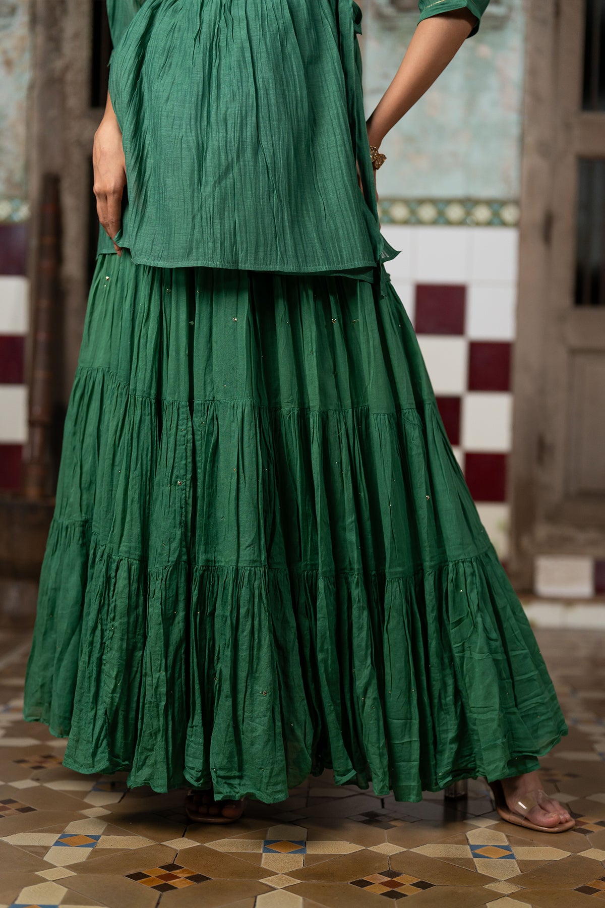 Suramya Multi-Tier cotton gather skirt - Green