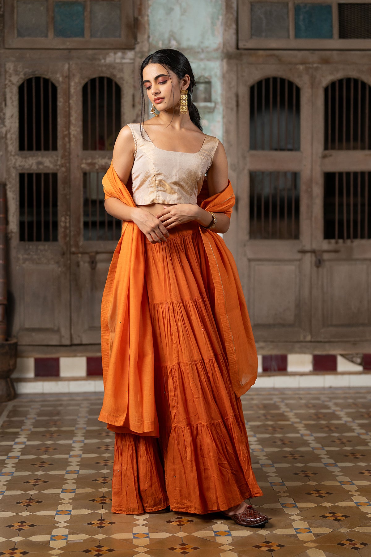 Suramya Multi - Tier cotton gather skirt - Orange