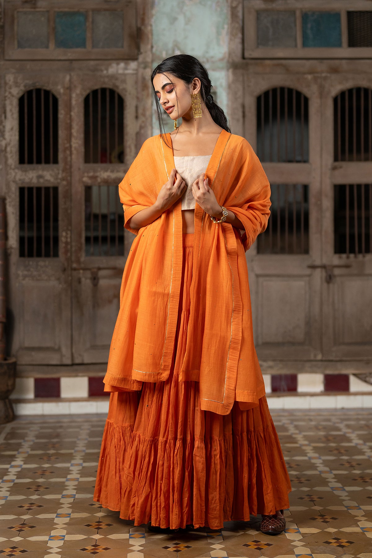 Suramya Multi - Tier cotton gather skirt - Orange