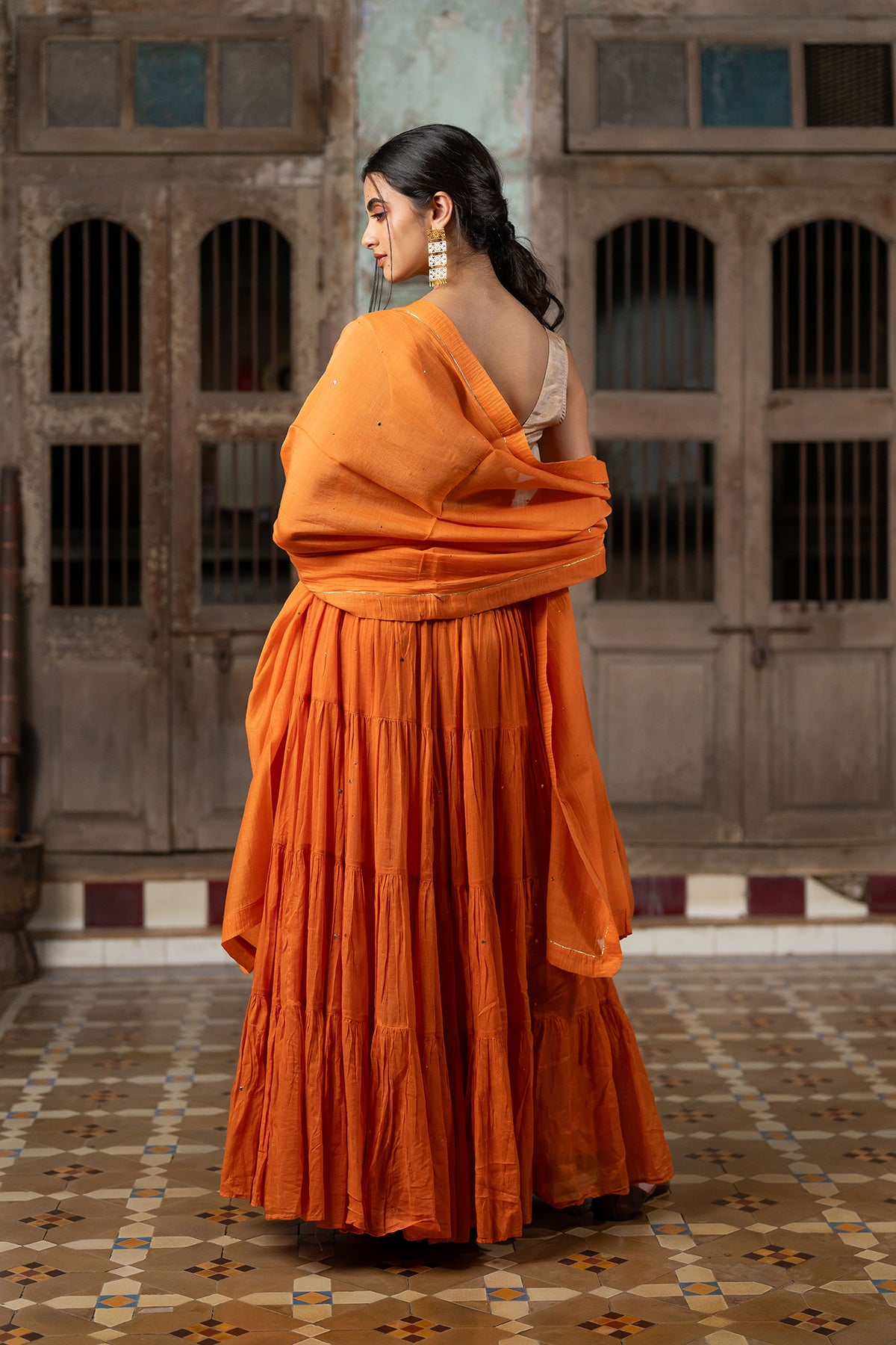 Suramya Multi - Tier cotton gather skirt - Orange