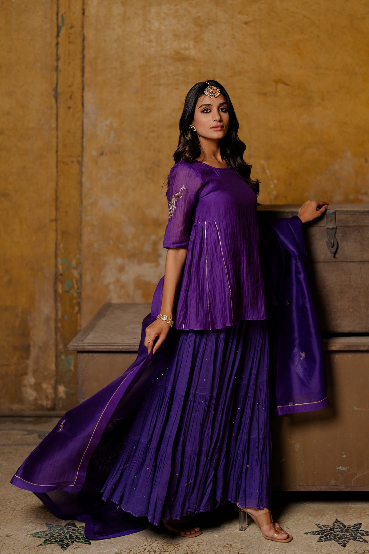 Suramya Multi-Tier chanderi gather skirt - Purple