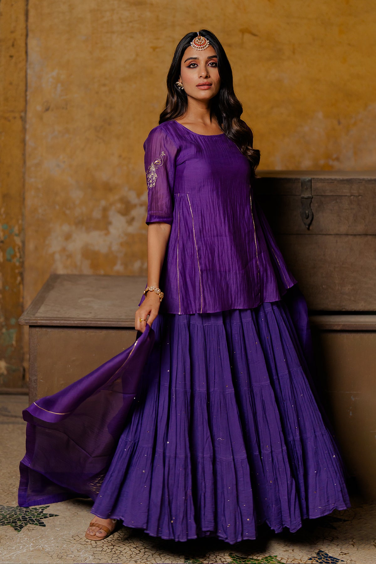Suramya Multi-Tier chanderi gather skirt - Purple