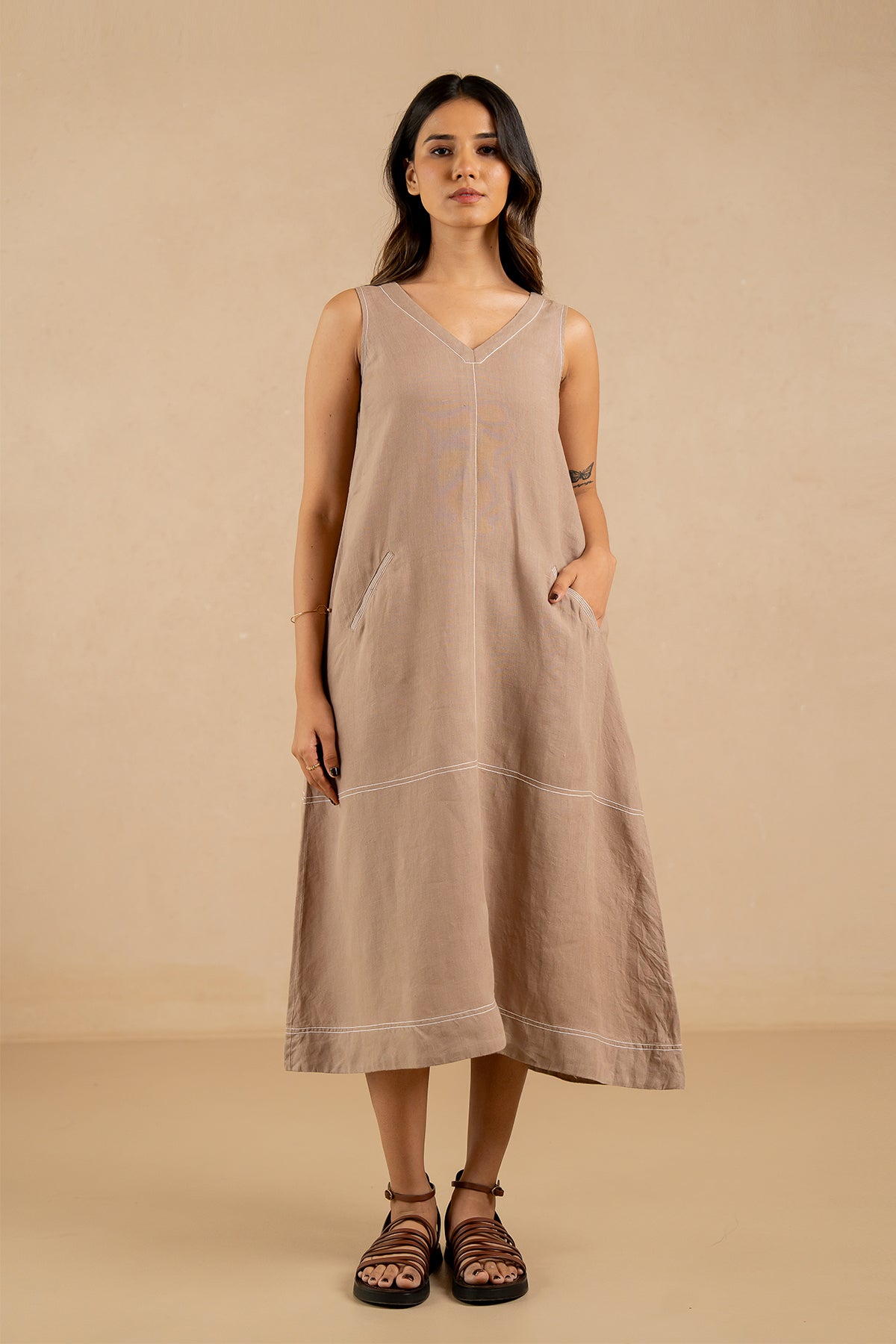 Susan Linen A-Line Sleeveless Dress with Welt Pockets- Mud