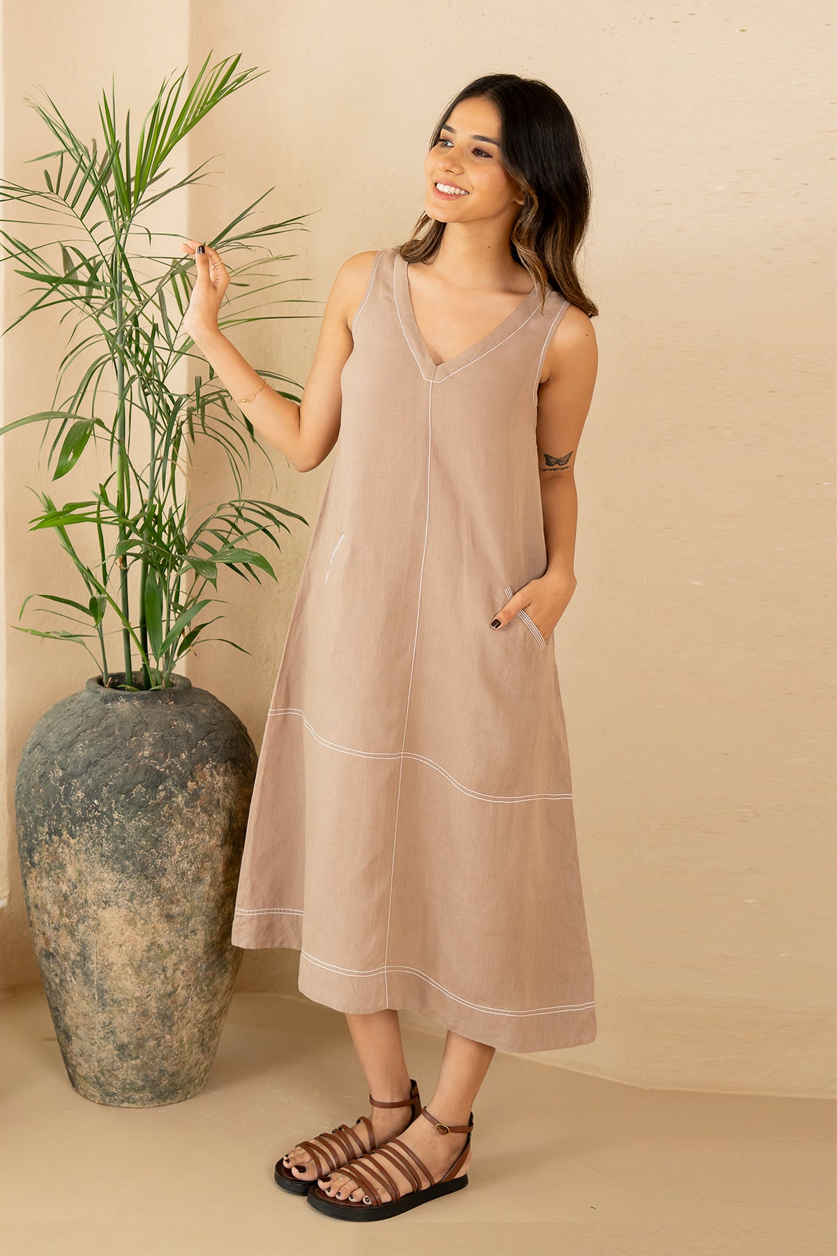 Susan Linen A-Line Sleeveless Dress with Welt Pockets- Mud