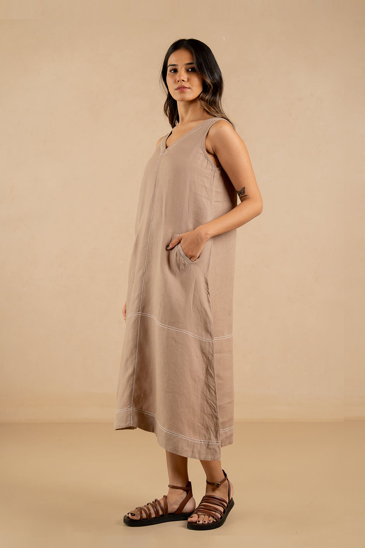 Susan Linen A-Line Sleeveless Dress with Welt Pockets- Mud