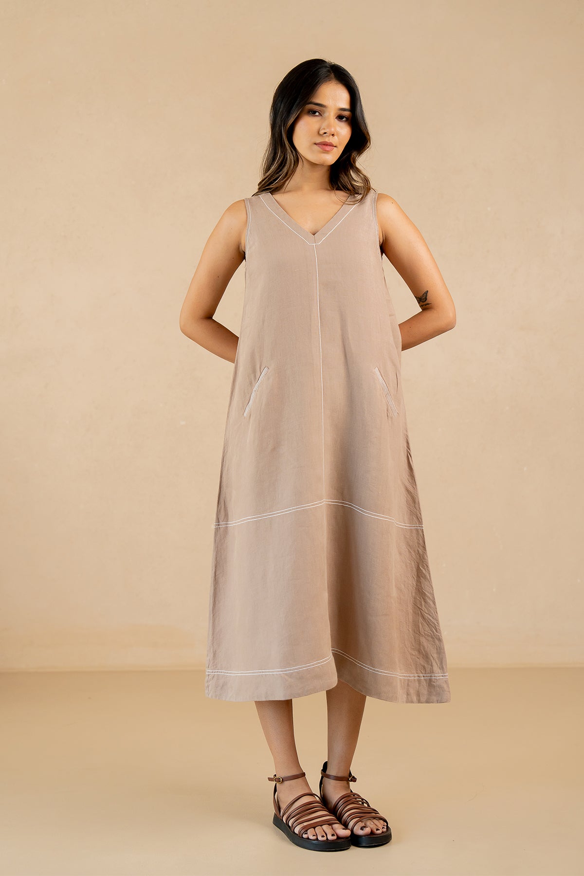 Susan Linen A-Line Sleeveless Dress with Welt Pockets- Mud