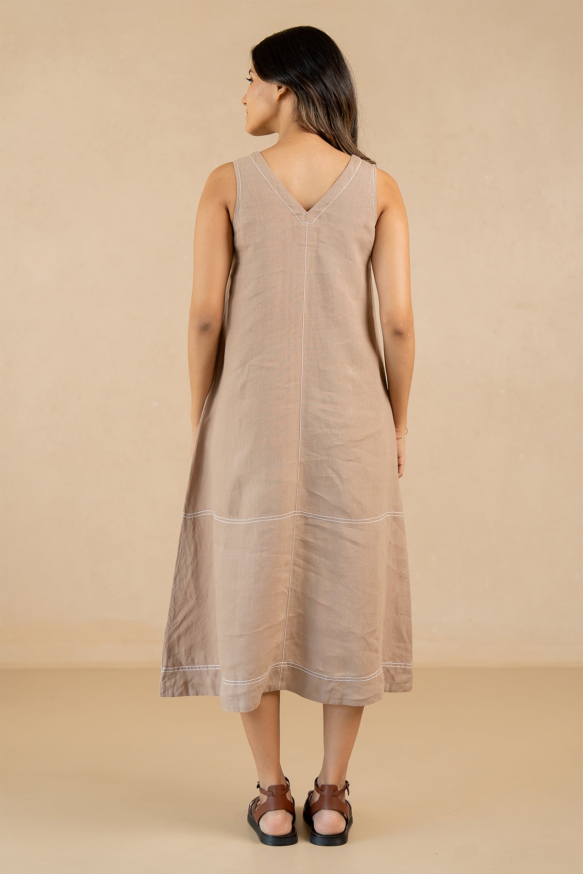 Susan Linen A-Line Sleeveless Dress with Welt Pockets- Mud