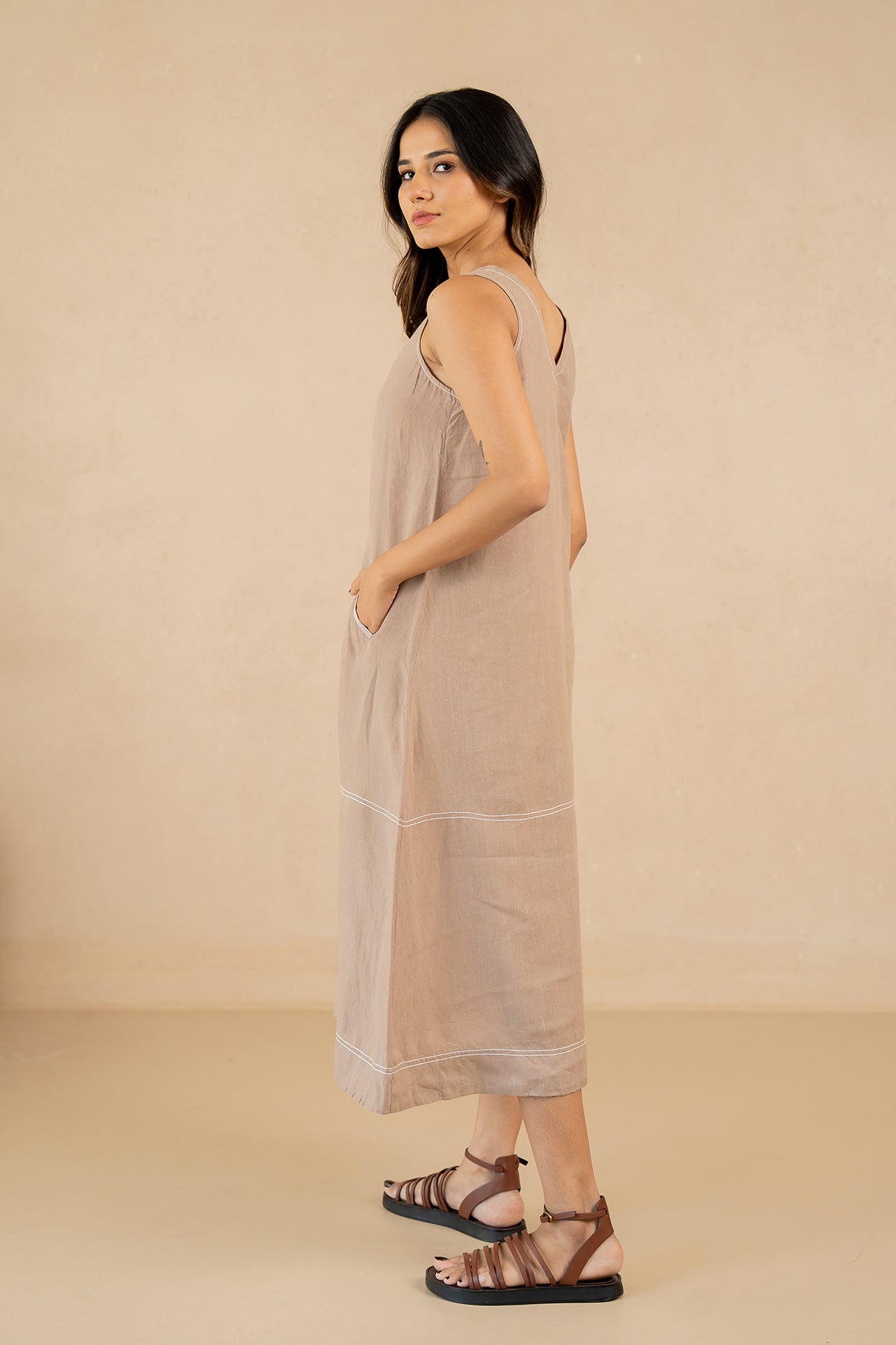 Susan Linen A-Line Sleeveless Dress with Welt Pockets- Mud