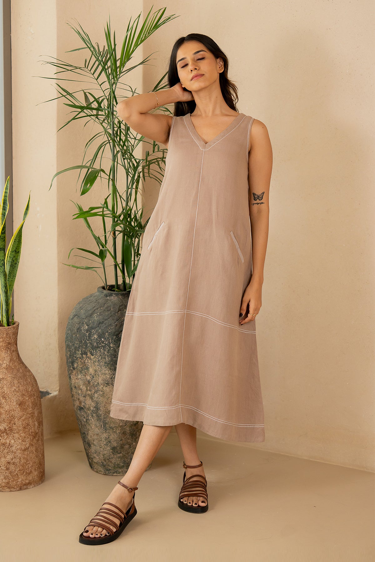 Susan Linen A-Line Sleeveless Dress with Welt Pockets- Mud