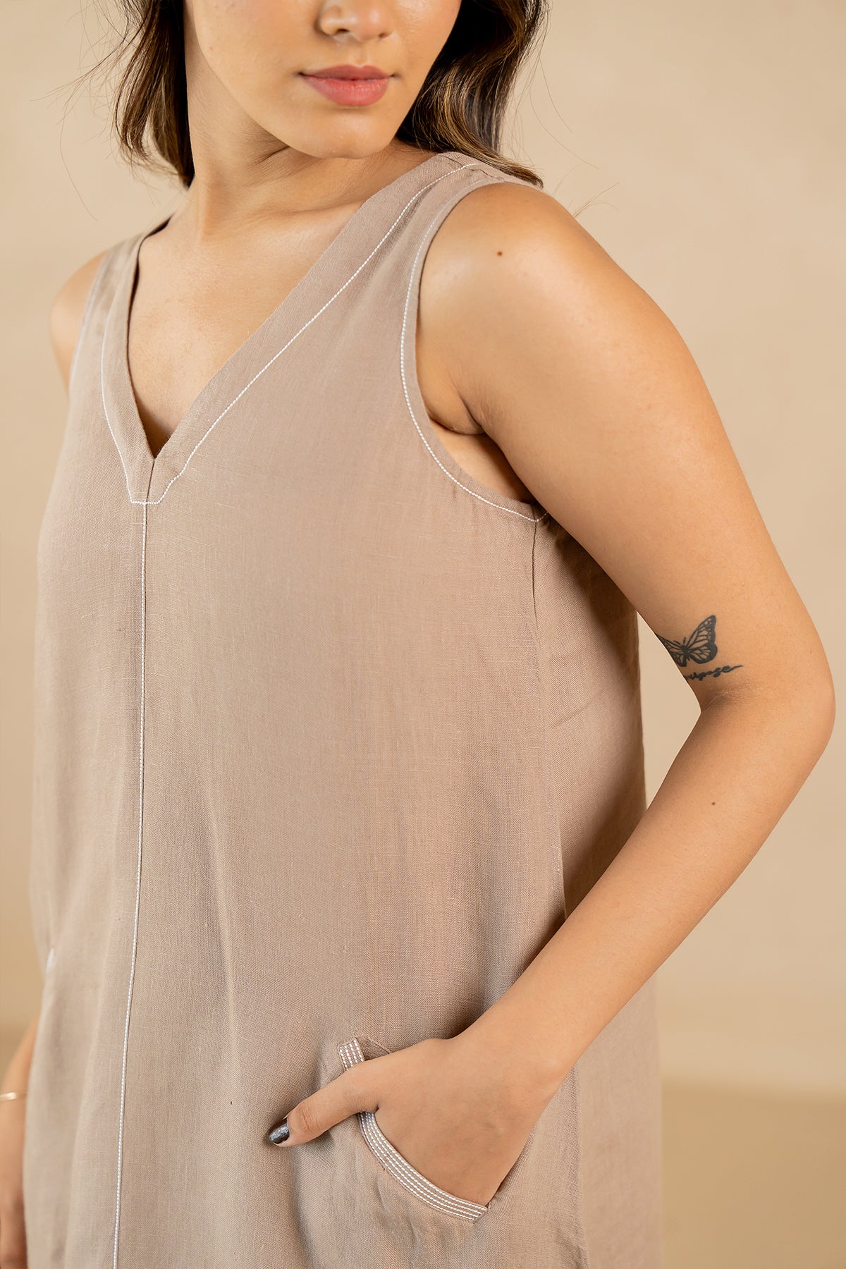 Susan Linen A-Line Sleeveless Dress with Welt Pockets- Mud