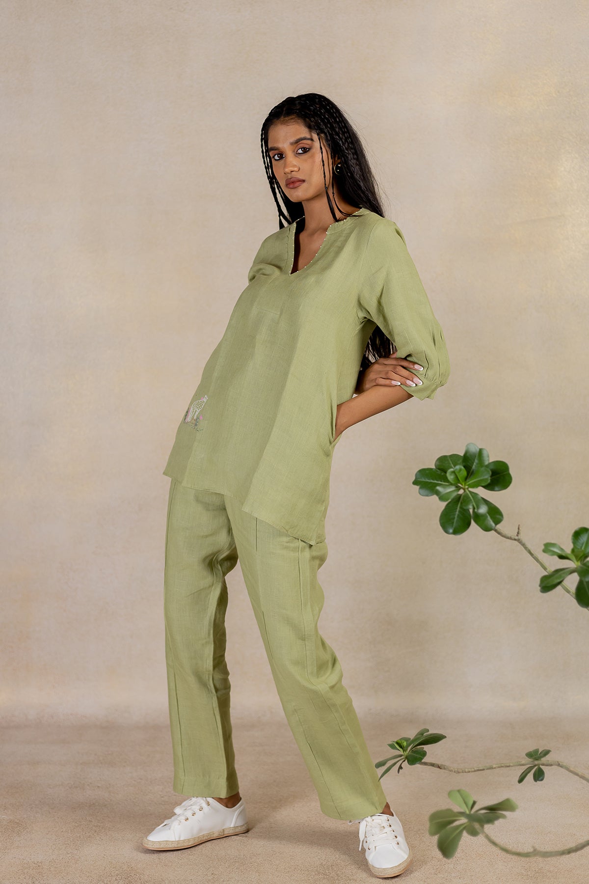 Linen Pin Tucks Pants - Meadow Green