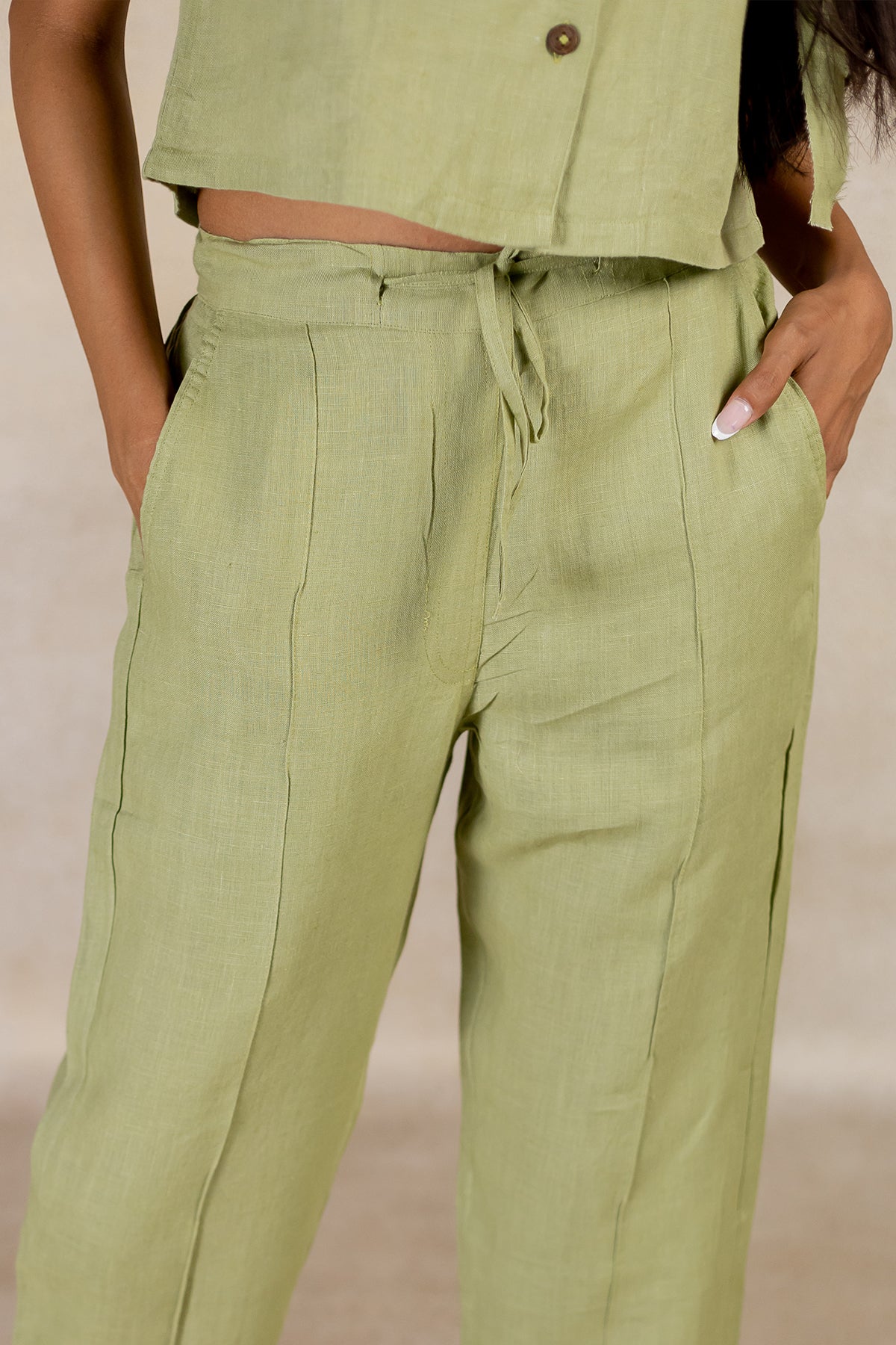 Linen Pin Tucks Pants - Meadow Green