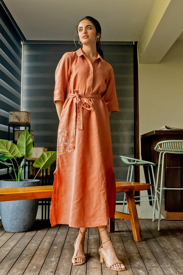 Tania Linen Half Placket Long dress with Pockets - Sand Brown