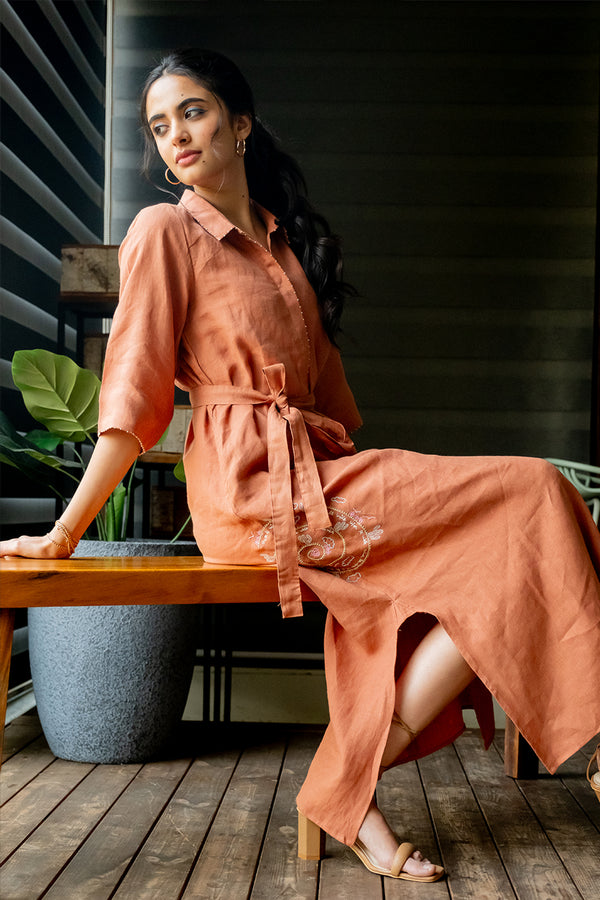 Tania Linen Half Placket Long dress with Pockets - Sand Brown