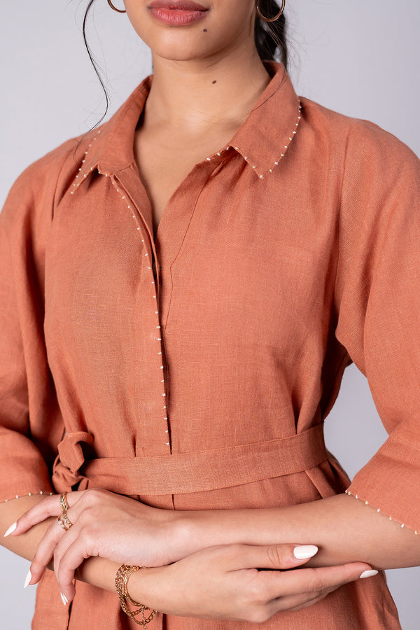 Tania Linen Half Placket Long dress with Pockets - Sand Brown