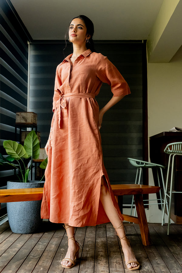 Tania Linen Half Placket Long dress with Pockets - Sand Brown