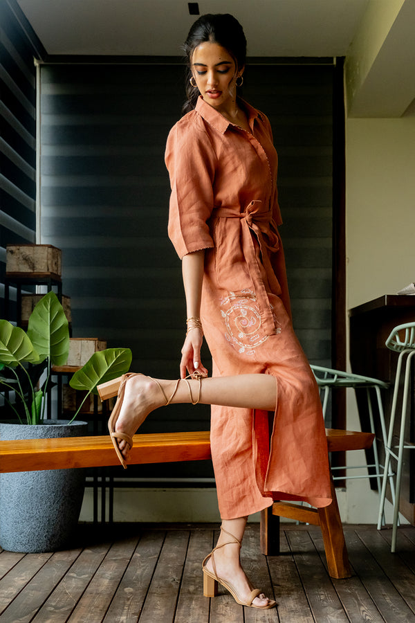 Tania Linen Half Placket Long dress with Pockets - Sand Brown