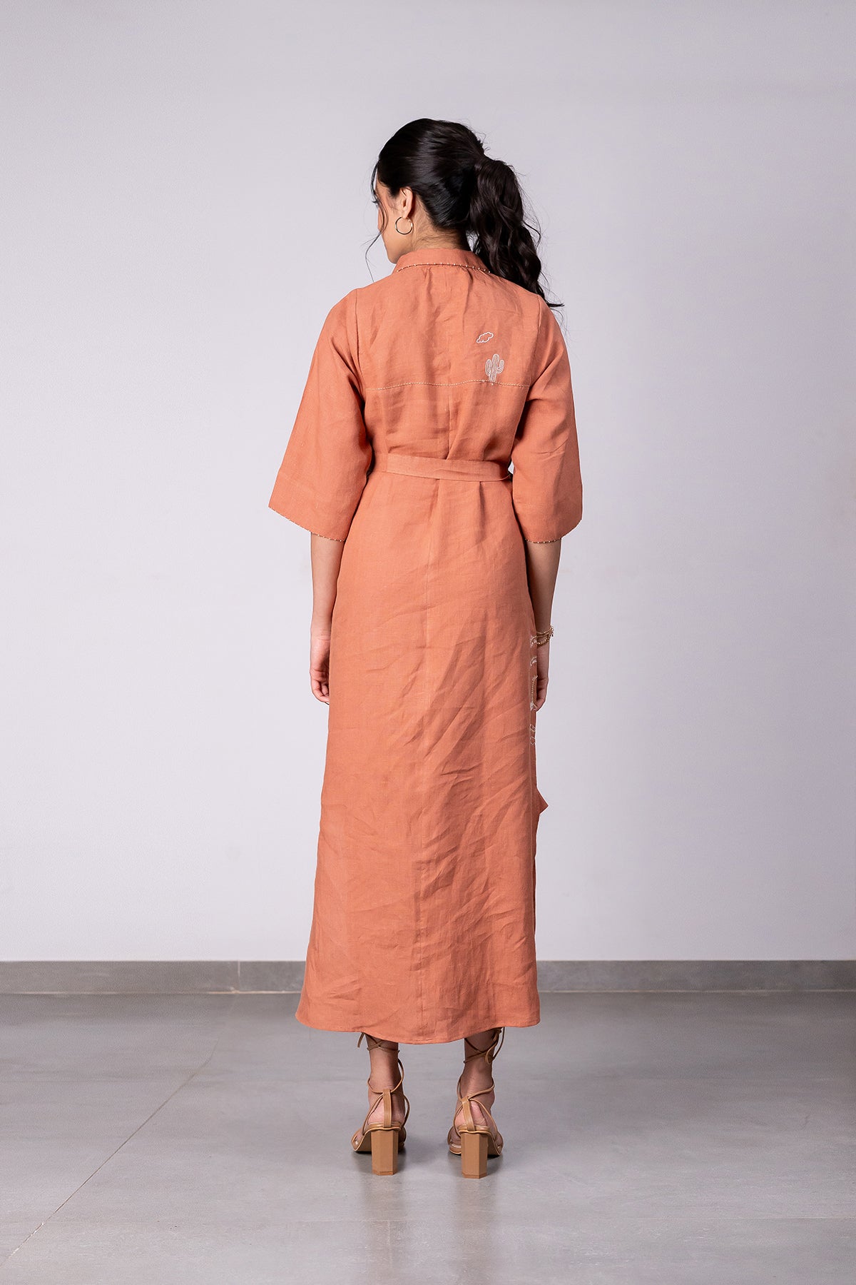 Tania Linen Half Placket Long dress with Pockets - Sand Brown
