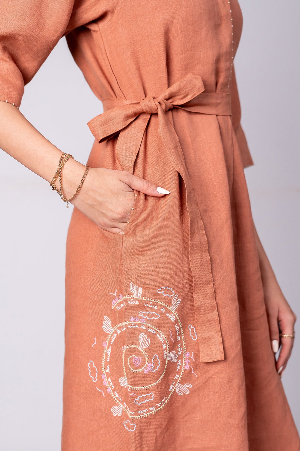 Tania Linen Half Placket Long dress with Pockets - Sand Brown