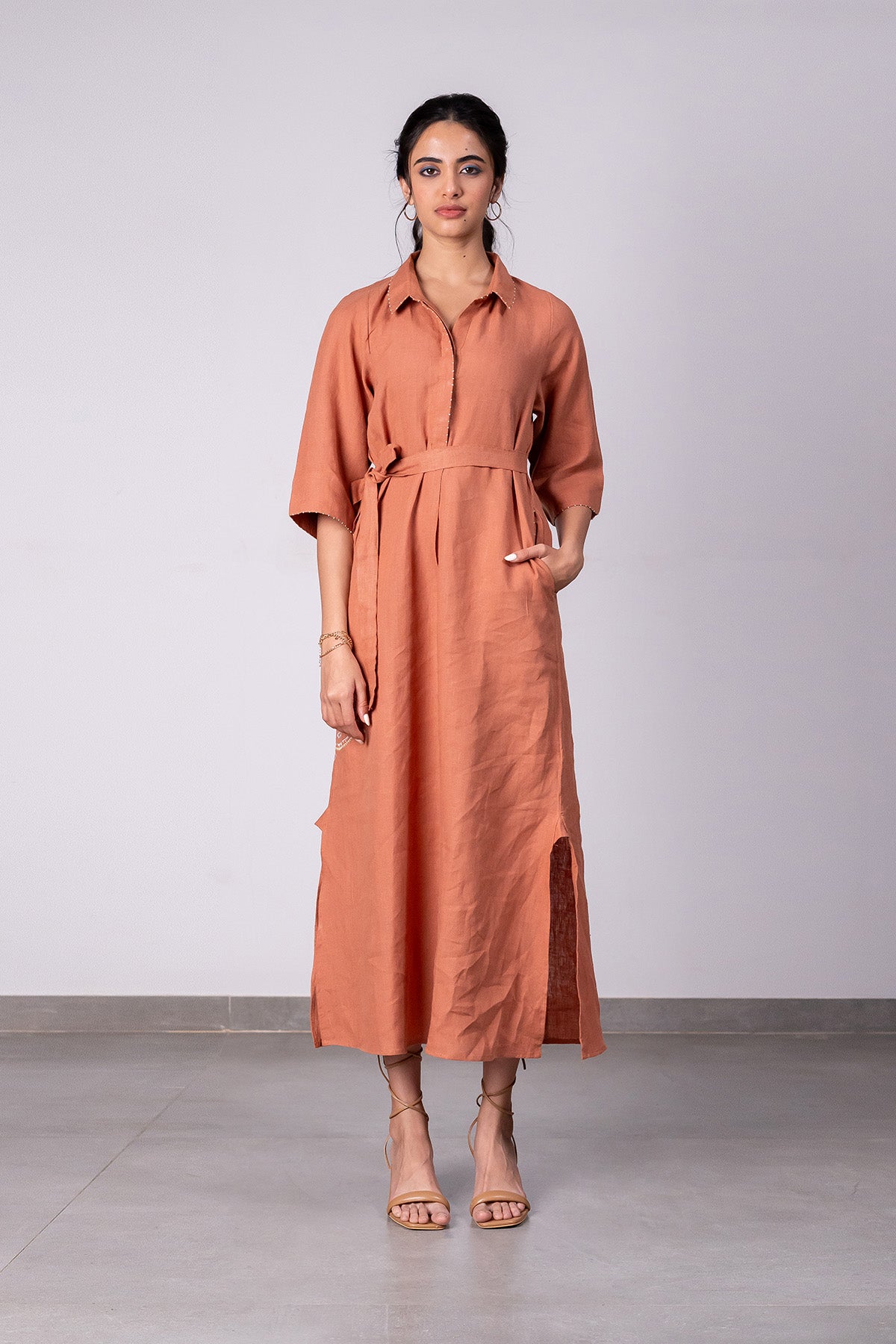 Tania Linen Half Placket Long dress with Pockets - Sand Brown