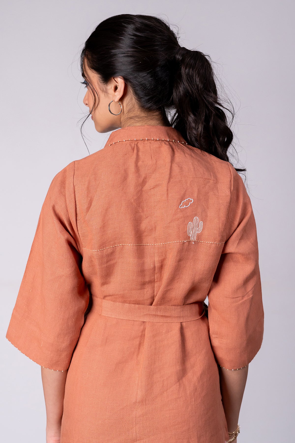 Tania Linen Half Placket Long dress with Pockets - Sand Brown