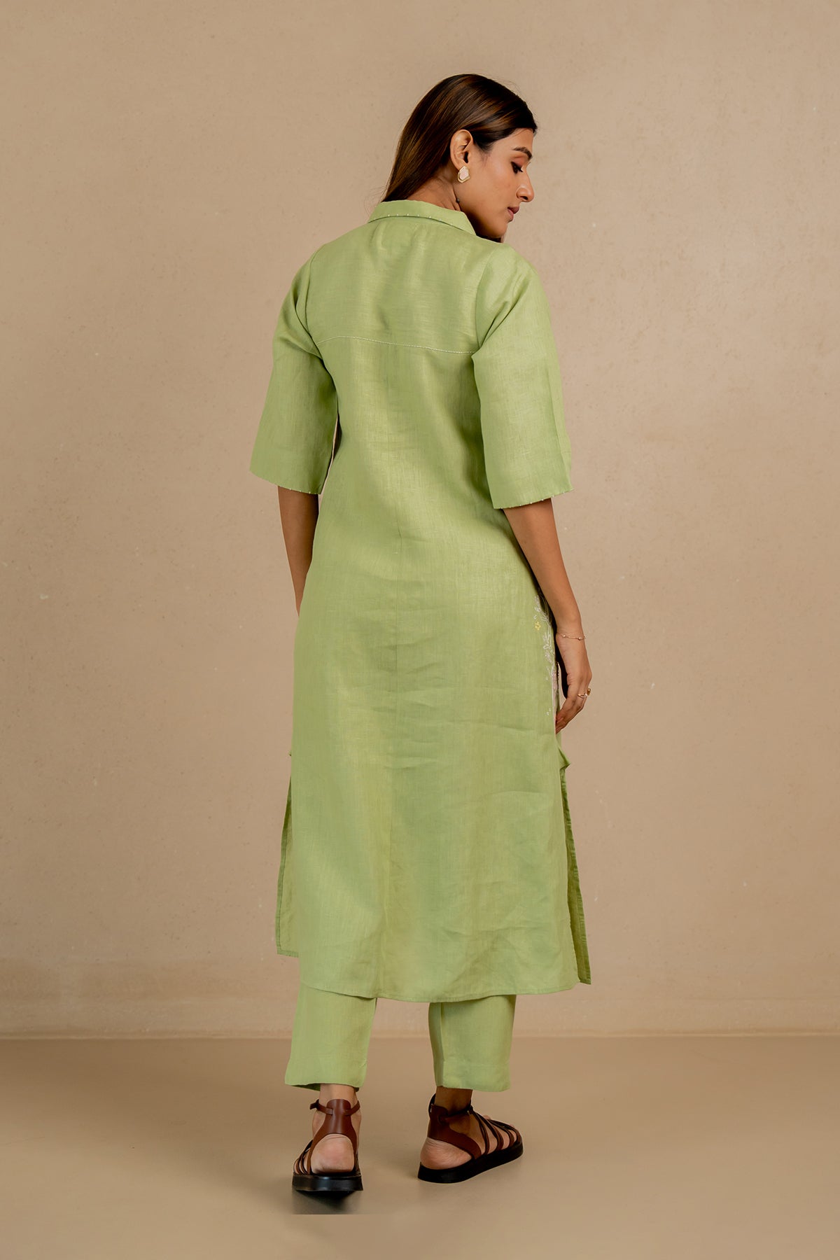 Tania Linen Half Placket Long Dress and Pant Set With Pockets - Algae Green