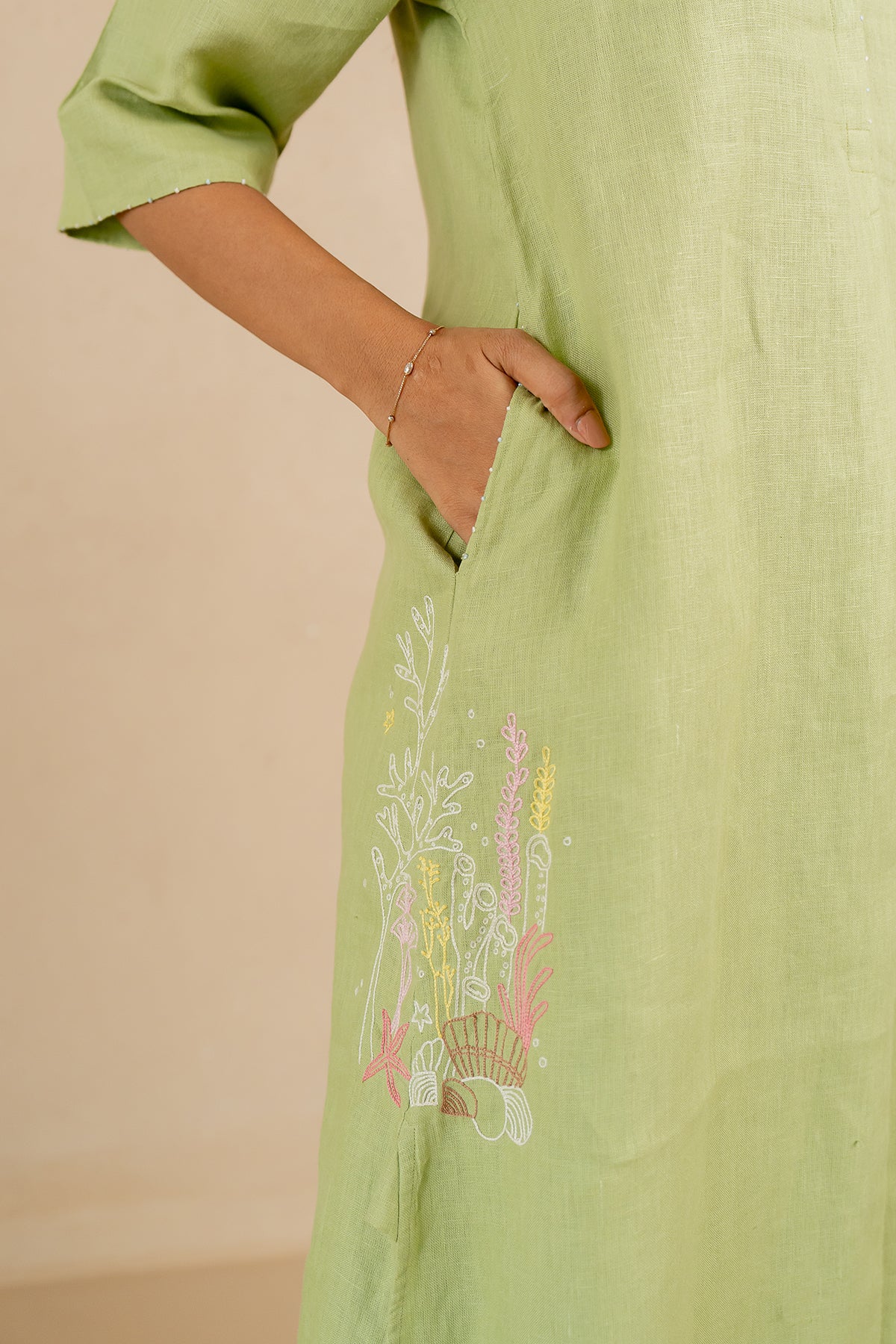 Tania Linen Half Placket Long Dress and Pant Set With Pockets - Algae Green