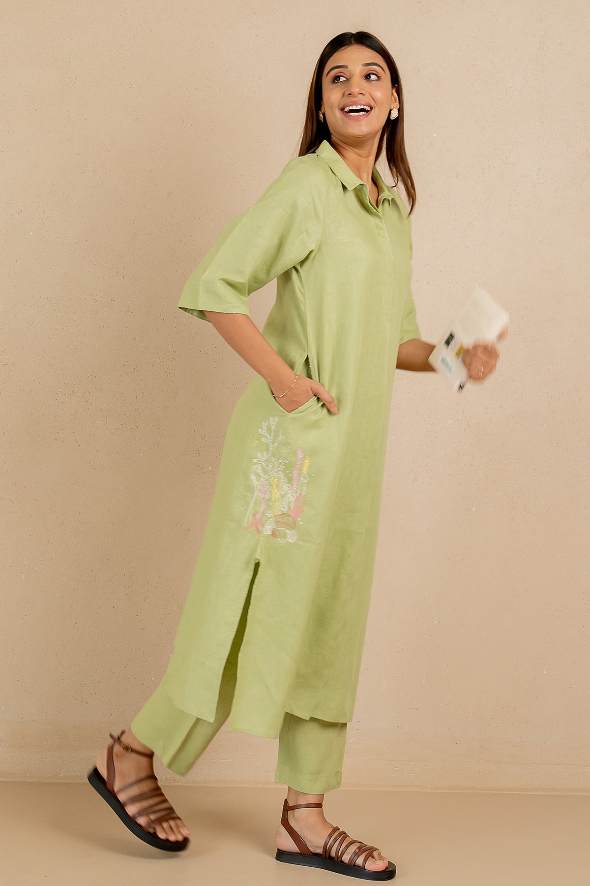 Tania Linen Half Placket Long Dress and Pant Set With Pockets - Algae Green
